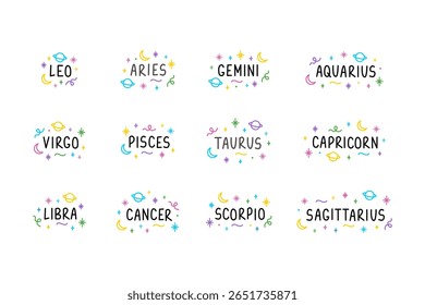 Set of 12 astrological zodiac lettering sings with moon, spirkles, stars. Сartoon talisman tattoo, logo, sticker. Isolated element. Hand drawn colorful felt-tip pen illustration.