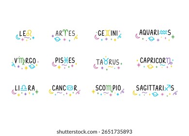 Conjunto de 12 letras astrológicas do zodíaco e canta com lua, espirros, estrelas. Сtatuagem de desenho animado, logotipo, adesivo. Elemento isolado. Desenhado à mão ilustração colorida caneta de ponta de feltro.