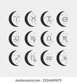 Set of 12 astrological zodiac signs with moon and stars. Mystical magical design for a tatto, poster, sticker, fabric, home decor, print, wrapping. Boho illustration.