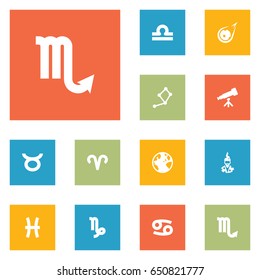Set Of 12 Astrology Icons Set.Collection Of Binoculars, Crab, Earth Planet And Other Elements.