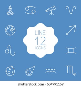 Set Of 12 Astrology Outline Icons Set.Collection Of Moon, Gemini, Sagittarius And Other Elements.