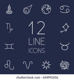 Set Of 12 Astrology Outline Icons Set.Collection Of Gemini, Astrologer, Galaxy And Other Elements.