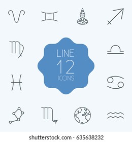 Set Of 12 Astrology Outline Icons Set.Collection Of Globe, Constellation, Aqurius And Other Elements.