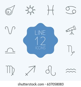 Set Of 12 Astrology Outline Icons Set.Collection Of Leo, Libra, Aqurius And Other Elements.