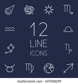 Set Of 12 Astrology Outline Icons Set.Collection Of Libra, Sun, Sagittarius And Other Elements.
