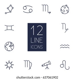 Set Of 12 Astrology Outline Icons Set.Collection Of Cancer, Leo, Constellation And Other Elements.