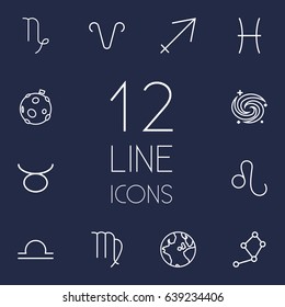 Set Of 12 Astrology Outline Icons Set.Collection Of Libra, Aries, Pisces And Other Elements.
