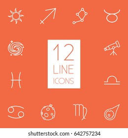 Set Of 12 Astrology Outline Icons Set.Collection Of Constellation, Galaxy, Asteroid And Other Elements.