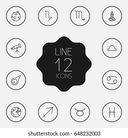 Set Of 12 Astrology Outline Icons Set.Collection Of Taurus, Capricorn, Sagittarius And Other Elements.