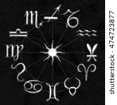 Set of 12 Astrology Zodiac Signs Aries Taurus Gemini Cancer Leo Virgo Libra Scorpio Sagittarius Capricorn Aquarius Pisces - White Grunge Elements Black Rough Paper Background - Pictogram Woodcut Style