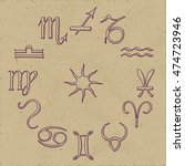 Set of 12 Astrology Zodiac Signs Aries Taurus Gemini Cancer Leo Virgo Libra Scorpio Sagittarius Capricorn Aquarius Pisces - Purple Elements on Brown Rough Paper Background - Pictogram Woodcut Style