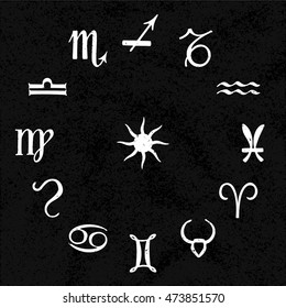 Set of 12 Astrology Zodiac Signs Aries Taurus Gemini Cancer Leo Virgo Libra Scorpio Sagittarius Capricorn Aquarius Pisces - White Elements on Black Paper Background - Pictogram Symbol Silhouette Style