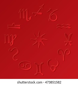 Set of 12 Astrology Zodiac Signs Aries Taurus Gemini Cancer Leo Virgo Libra Scorpio Sagittarius Capricorn Aquarius Pisces - Red Elements on Similar Color Background - Pictogram Symbol Gradient Graphic