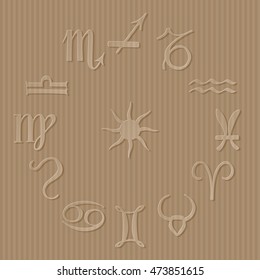 Set of 12 Astrology Zodiac Signs Aries Taurus Gemini Cancer Leo Virgo Libra Scorpio Sagittarius Capricorn Aquarius Pisces - Cardboard Elements on Similar Background - Pictogram Symbol Gradient Graphic