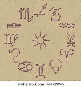 Set of 12 Astrology Zodiac Signs Aries Taurus Gemini Cancer Leo Virgo Libra Scorpio Sagittarius Capricorn Aquarius Pisces - Purple Elements on Brown Rough Paper Background - Pictogram Woodcut Style