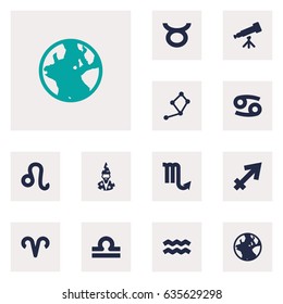 Set Of 12 Astronomy Icons Set.Collection Of Earth Planet, Bull, Crab And Other Elements.
