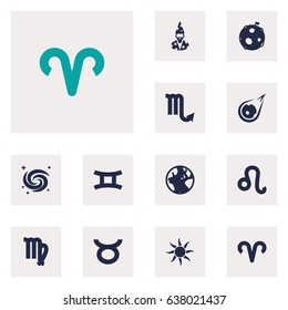 Set Of 12 Astronomy Icons Set.Collection Of Comet, Zodiac Sign, Bull And Other Elements.