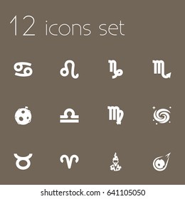 Set Of 12 Astronomy Icons Set.Collection Of Virgin, Scales, Bull And Other Elements.