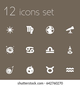 Set Of 12 Astronomy Icons Set.Collection Of Lunar, Solar, Scales And Other Elements.