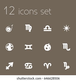 Set Of 12 Astronomy Icons Set.Collection Of Solar, Zodiac Sign, Crab And Other Elements.