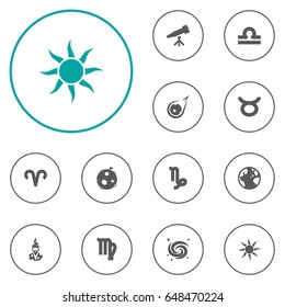 Set Of 12 Astronomy Icons Set.Collection Of Earth Planet, Lunar, Scales And Other Elements.