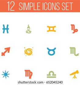 Set Of 12 Astronomy Icons Set.Collection Of Scales, Augur, Virgin And Other Elements.