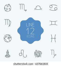 Set Of 12 Astronomy Outline Icons Set.Collection Of Globe, Scorpion, Leo And Other Elements.