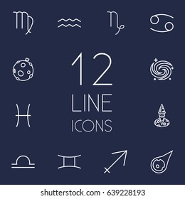 Set Of 12 Astronomy Outline Icons Set.Collection Of Moon, Gemini, Galaxy And Other Elements.