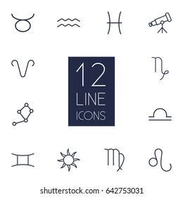 Set Of 12 Astronomy Outline Icons Set.Collection Of Virgo, Libra, Sun And Other Elements.
