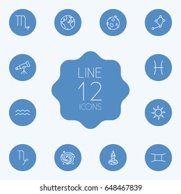 Set Of 12 Astronomy Outline Icons Set.Collection Of Astrologer, Moon, Galaxy And Other Elements.