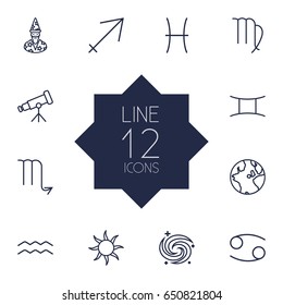 Set Of 12 Astronomy Outline Icons Set.Collection Of Sun, Globe, Scorpion And Other Elements.