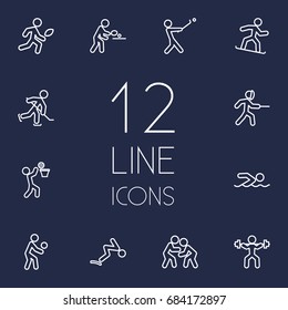 Set Of 12 Athletic Outline Icons Set.Collection Of American Football, Diving, Pong Ping And Other Elements.