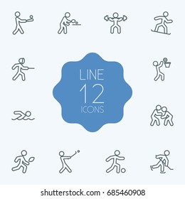 Set Of 12 Athletic Outline Icons Set.Collection Of Stick, Snowboard, Puck And Other Elements.