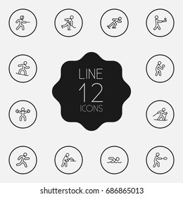Set Of 12 Athletic Outline Icons Set.Collection Of Diving, Swordplay, Ice Skating And Other Elements.