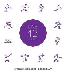 Set Of 12 Athletic Outline Icons Set.Collection Of Swimming, Swordplay, Diving And Other Elements.