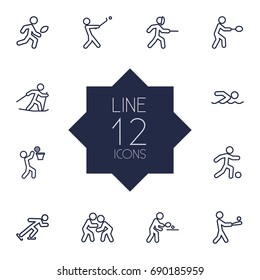 Set Of 12 Athletic Outline Icons Set.Collection Of Ski Running, American Football, Soccer And Other Elements.