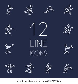 Set Of 12 Athletic Outline Icons Set.Collection Of Stick, Swordplay, Puck And Other Elements.