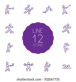 Set Of 12 Athletic Outline Icons Set.Collection Of Diving, Player, American Football And Other Elements.
