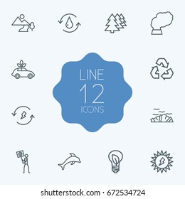 Set Of 12 Atmosphere Outline Icons Set.Collection Of Afforestation, Garbage, Pollution And Other Elements.