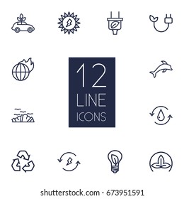 Set Of 12 Atmosphere Outline Icons Set.Collection Of Electricity, Renewable Energy, Ecol And Other Elements.