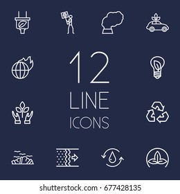 Set Of 12 Atmosphere Outline Icons Set.Collection Of Charge, Ecologist, Recycling And Other Elements.