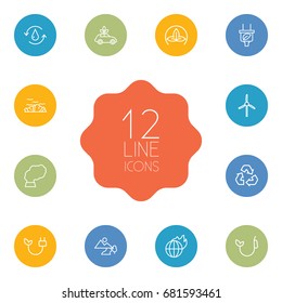Set Of 12 Atmosphere Outline Icons Set.Collection Of Wind Turbine, Pollution, Water And Other Elements.