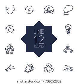 Set Of 12 Atmosphere Outline Icons Set.Collection Of Fuel, Dolphin, Charge And Other Elements.