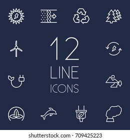 Set Of 12 Atmosphere Outline Icons Set.Collection Of Wind Turbine, Pollution, Landscape Elements.