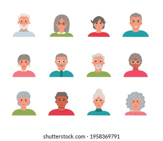 Set of 12 avatars characters of elderly people. Collection of portraits of elderly men and women of different nationalities. Cartoon faces of grandparents. Vector illustration, flat