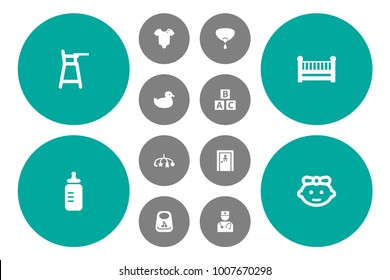 Set of 12 baby icons set. Collection of feeding, breastfeeding, bottle and other elements.