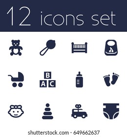 Set Of 12 Baby Icons Set.Collection Of Abc Block, Breastplate, Milk And Other Elements.