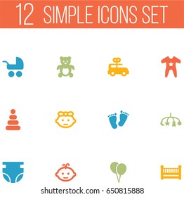 Set Of 12 Baby Icons Set.Collection Of Girl, Air Balloon, Cot And Other Elements.