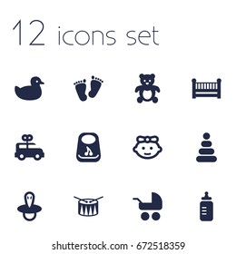 Set Of 12 Baby Icons Set.Collection Of Milk, Cot, Duck And Other Elements.