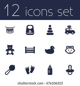 Set Of 12 Baby Icons Set.Collection Of Trace, Toy, Barrel And Other Elements.